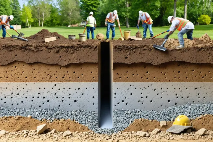Des ouvriers creusent un puits pour un système de drainage. Le sol est représenté en coupe, montrant différentes couches poreuses.