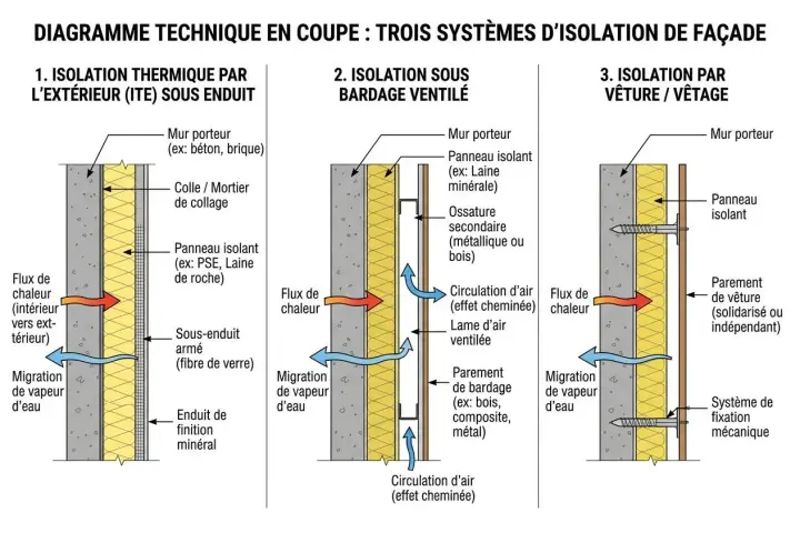 Diagramme comparant trois systèmes d'isolation de façade : ITE sous enduit, bardage ventilé et vêture. L'isolation sous enduit présente un flux de chaleur et une migration de vapeur d'eau.