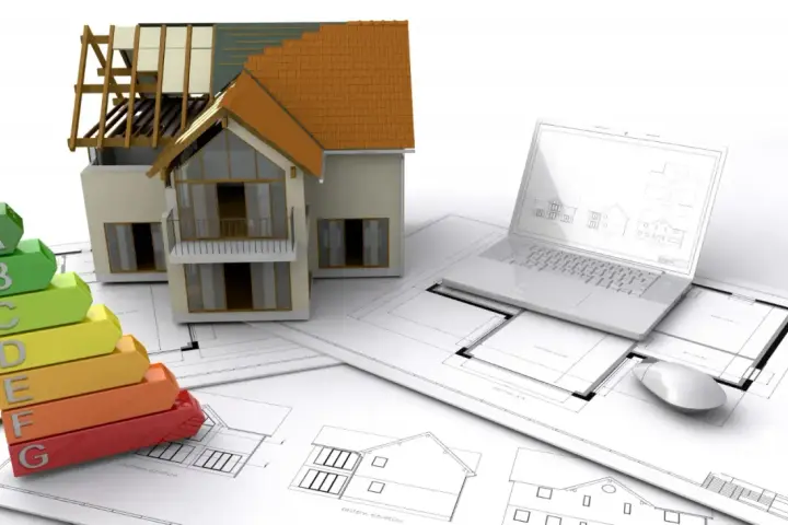 Maquette de maison, échelle d'énergie, plans et ordinateur portable. L'isolation RGE Qualibat est essentielle pour une maison performante.