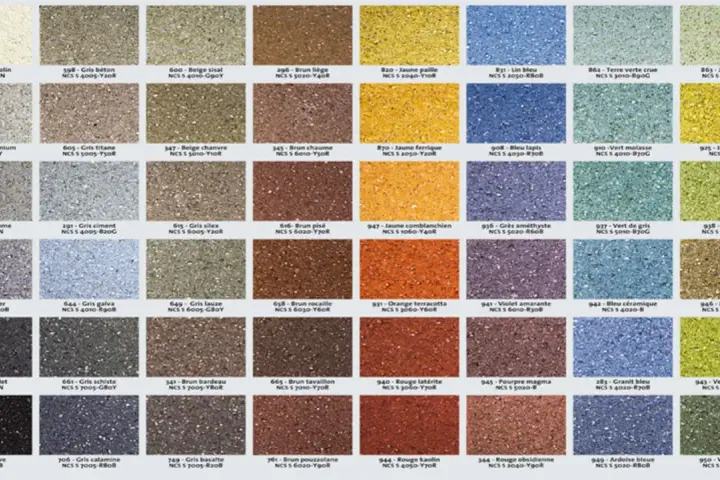 Échantillons de couleur enduit facade : une grille de 60 carrés présentant des textures granuleuses dans une palette de gris, bruns, jaunes, bleus, verts et rouges.