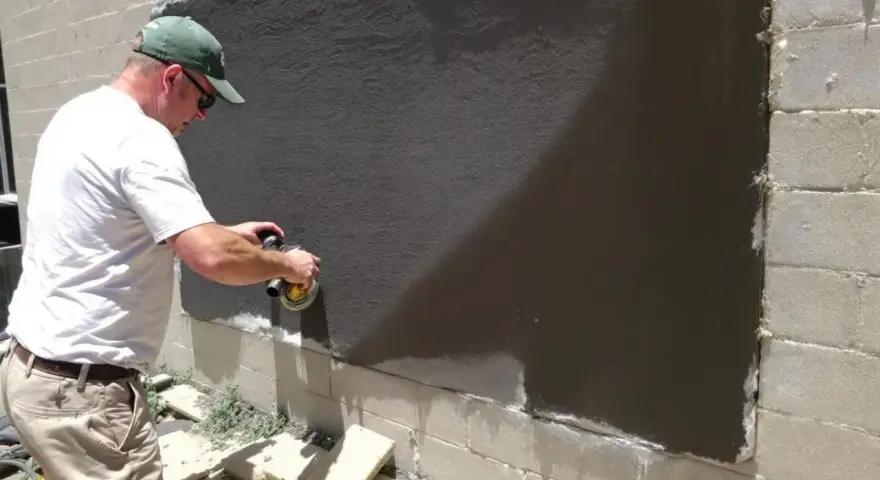 Un homme utilise une ponceuse pour araser un mur extérieur fraîchement enduit.
