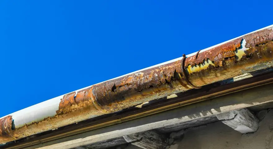 Gouttière en zinc très rouillée, nécessitant une réparation urgente. Le ciel bleu contraste avec la dégradation du matériau.