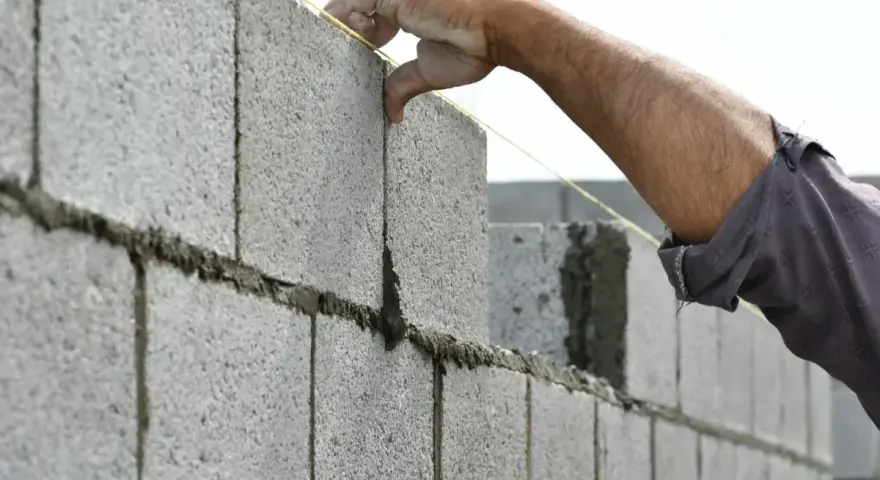 Main d'un maçon plaçant une brique sur un mur agglo, guidé par un fil à plomb.