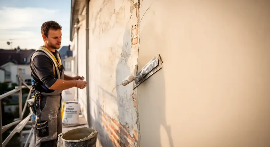 Un ouvrier applique un enduit sur agglo sur un mur extérieur, à l'aide d'une truelle. Le soleil se couche.