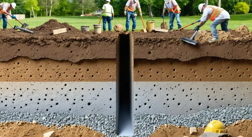 Des ouvriers creusent un puits pour un système de drainage. Le sol est représenté en coupe, montrant différentes couches poreuses.
