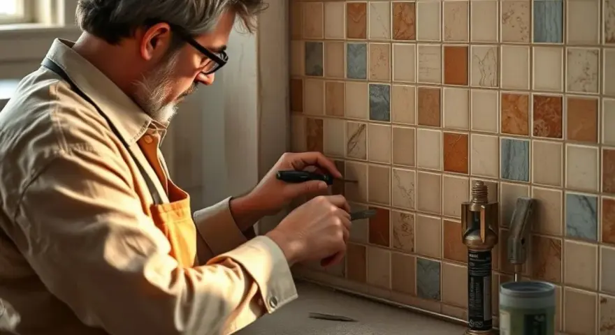 Un homme répare un mur carrelé. Il utilise des outils pour travailler sur les joints, peut-être pour comprendre qu'est-ce qu'un mortier.