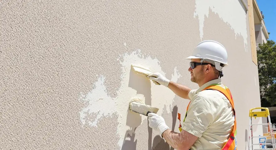 Un ouvrier en casque blanc applique un nouvel enduit sur une façade existante. Il utilise deux truelles pour refaire un enduit extérieur sur un enduit existant.