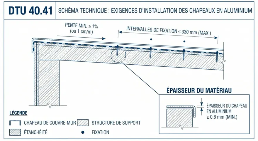 Schéma technique DTU 40.41 : installation de chapeaux en aluminium. Détail de la fixation et des intervalles de fixation.