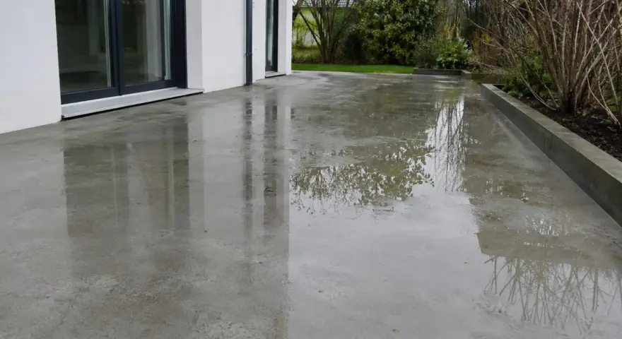 Surface de béton mouillée reflétant le ciel et les arbres. Une **infiltration terrasse** est visible, avec des flaques d'eau sur le sol.