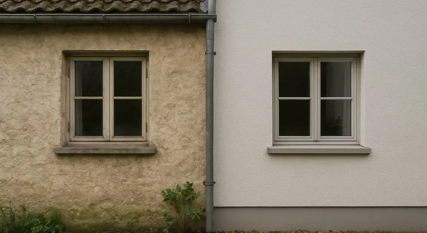 Comparaison de deux façades : un mur à la chaux texturé et un mur acrylique lisse, avec des fenêtres similaires.
