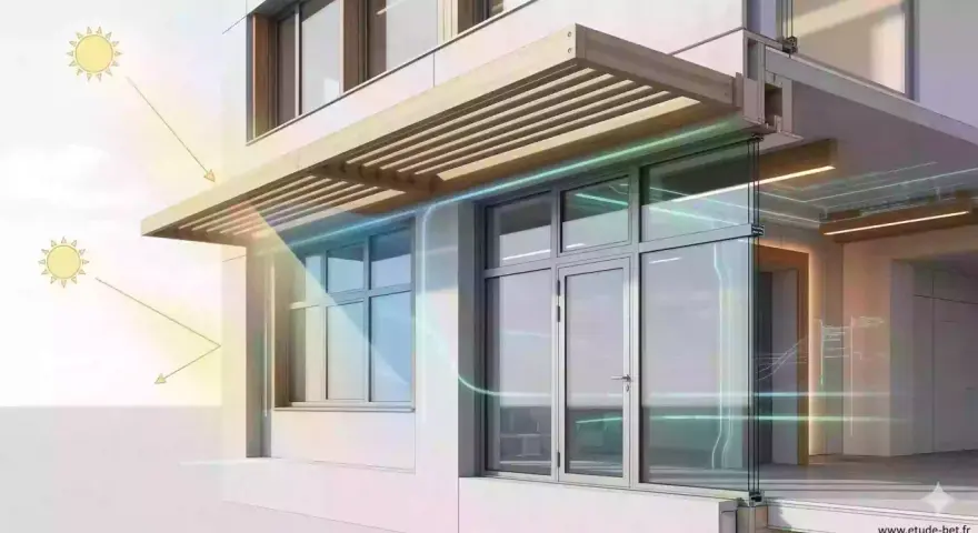 Le soleil frappe un bâtiment moderne. Une casquette de bâtiment protège les fenêtres du soleil, tandis que des flux d'air verts indiquent la ventilation.