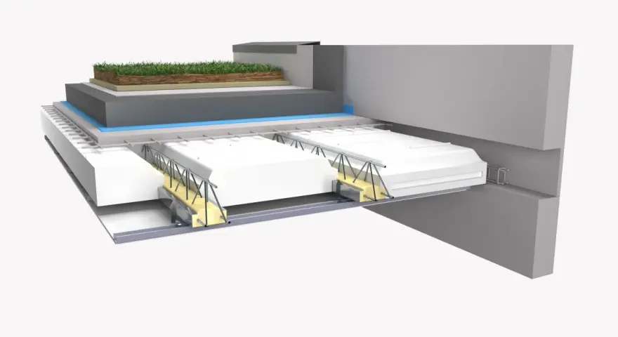 Coupe d'un toit végétalisé montrant des hourdis béton, des isolants et une structure métallique.