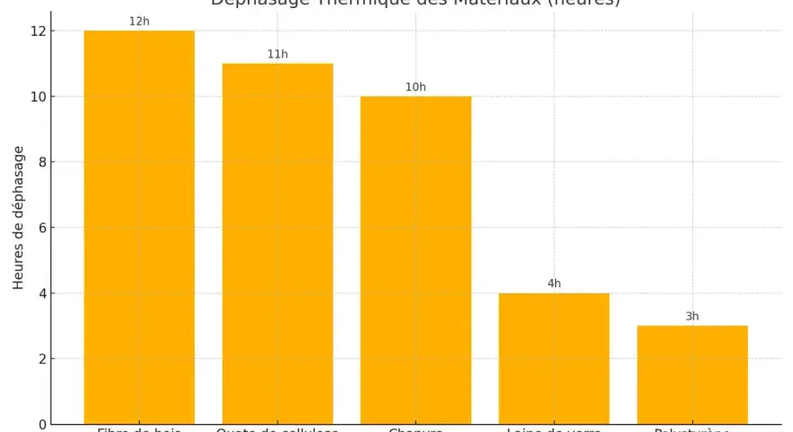 Graphique montrant le déphasage thermique des matériaux : fibre de bois (12h), ouate de cellulose (11h), chanvre (10h), laine de verre (4h), polystyrène (3h).