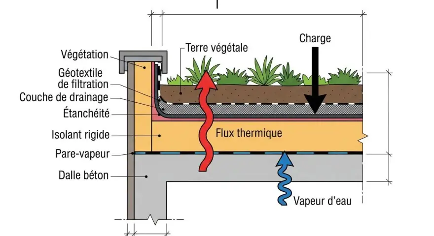 Coupe d'une toiture végétalisée montrant l'isolation par l'extérieur en polyuréthane, le drainage, l'étanchéité et la protection contre la vapeur.