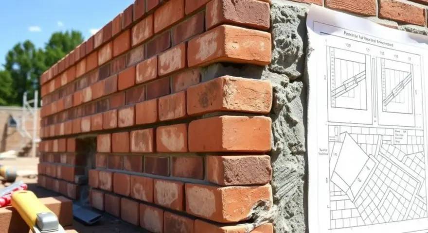 Mur en briques rouges, avec du béton de ciment visible sur le côté. Un plan de construction est épinglé.