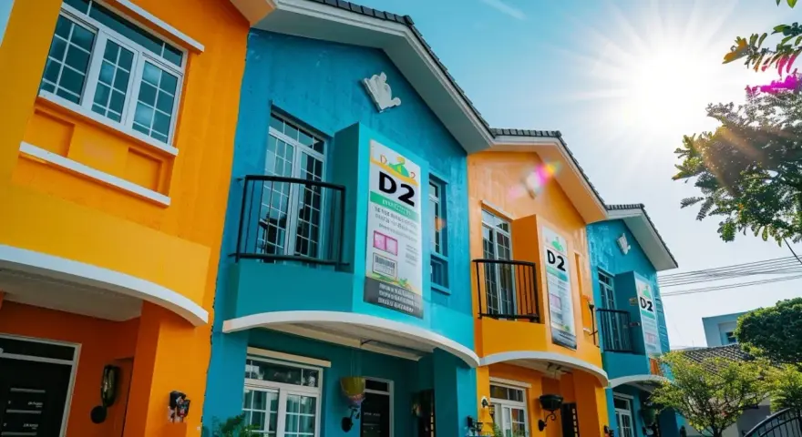Maisons colorées D2 et D3 sous un soleil éclatant. La peinture vive des façades orange et bleu turquoise attire le regard.
