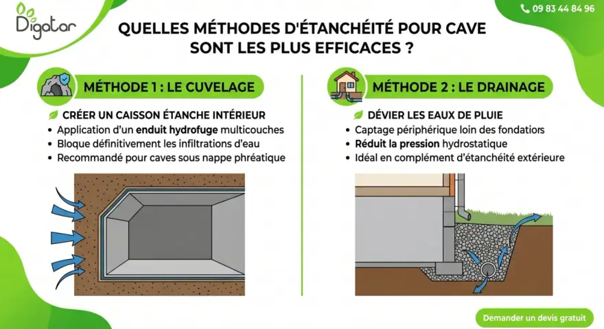 Méthode 1 : Le cuvelage, pour créer un caisson étanche intérieur. Méthode 2 : Le drainage, pour dévier les eaux.