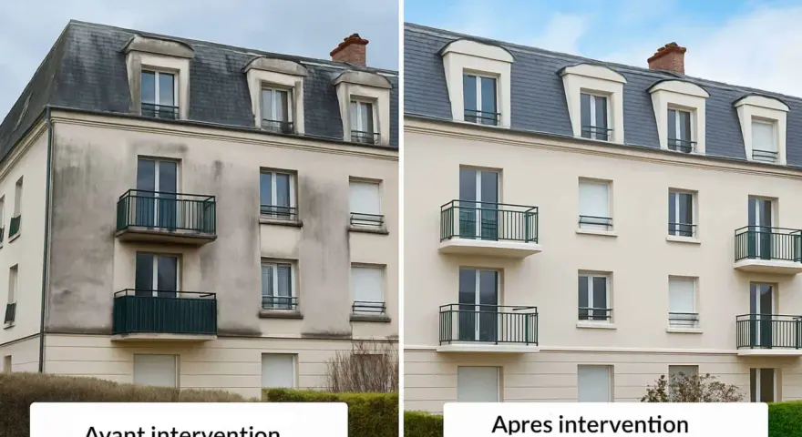 Comparaison avant/après d'un **nettoyage façade**. L'immeuble passe d'un aspect sale et gris à une apparence propre et lumineuse, comme neuve.