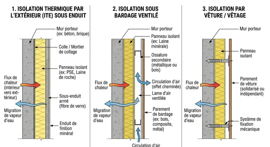 Diagramme comparant trois systèmes d'isolation de façade : ITE sous enduit, bardage ventilé et vêture. L'isolation sous enduit présente un flux de chaleur et une migration de vapeur d'eau.