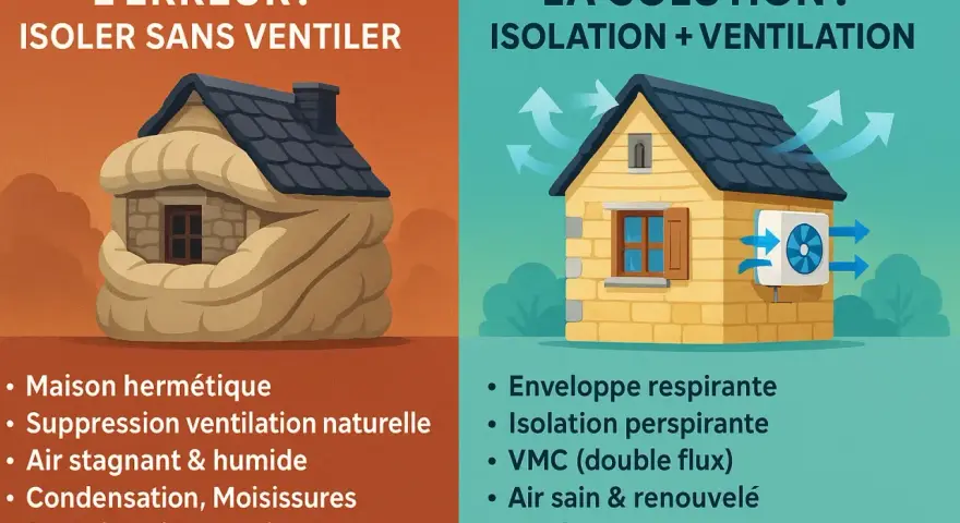 Maison étouffée par l'isolation sans ventilation, contrastant avec une maison aérée et ventilée. L'isolation de la maison est essentielle, mais la ventilation l'est tout autant.