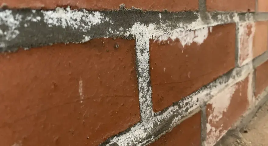 Efflorescence blanche sur les joints d'un mur de briques, signe de salpêtre dans la maison.