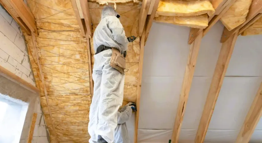 Pose de **panneau isolant toiture** dans un grenier par des ouvriers en combinaison.
