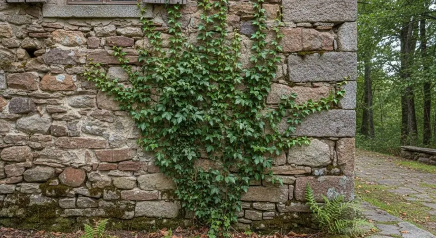 Lierre grimpant sur un mur de soubassement en pierre, près d'une fenêtre avec volets en bois. La végétation s'épanouit sur la façade ancienne.