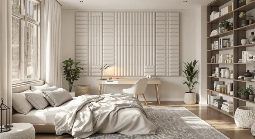 Chambre moderne avec un lit douillet, un bureau et une bibliothèque. Le mur derrière le bureau est orné de panneaux texturés, offrant une excellente isolation phonique mur chambre.