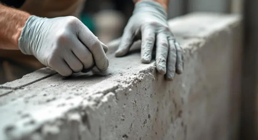 Mains gantées travaillant sur un linteau en béton brut. La texture granuleuse du matériau est visible, suggérant un travail de finition minutieux.