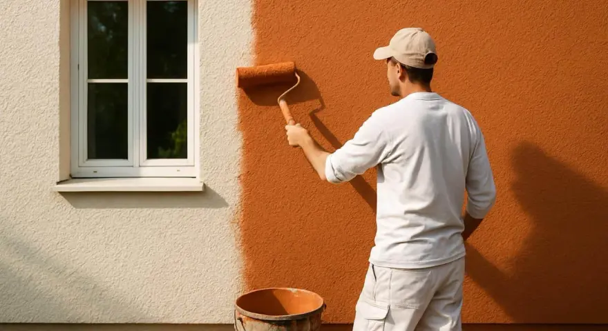 Un homme peint un mur extérieur d'une maison en orange vif avec un rouleau. Le crépi au rouleau donne une texture intéressante.