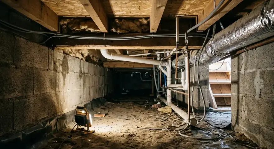 Éclairage d'un vide sanitaire avec un projecteur, révélant les tuyaux et la bâche d'étanchéité vide sanitaire.