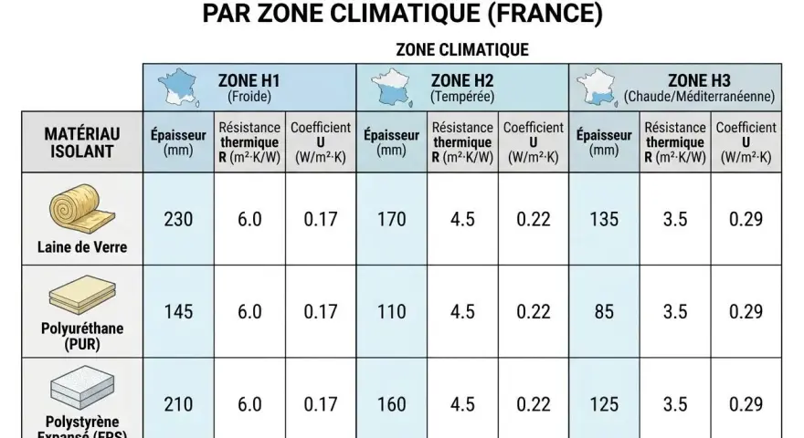 Tableau comparatif des épaisseurs d'isolant par zone climatique. Il montre le coefficient d'isolation thermique pour la laine de verre, le polyuréthane et le polystyrène expansé.