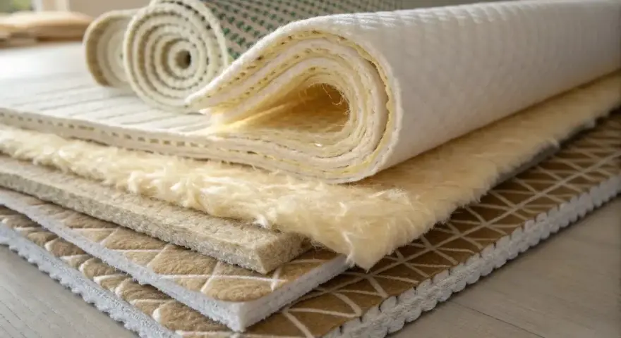 Échantillons de matériaux pour l'isolation textile recyclé, montrant différentes textures et épaisseurs.
