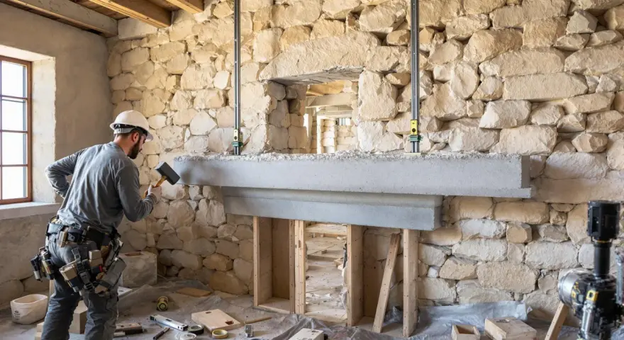 Un ouvrier ajuste une cheminée en béton devant une ouverture dans un mur en pierre.