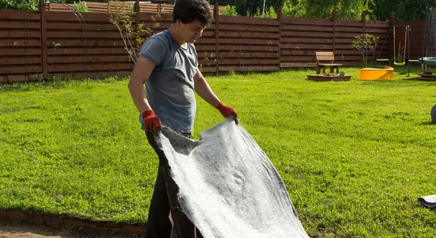 Un homme déroule un géotextile gris dans un jardin. Il réfléchit à quel geotextile choisir pour son projet d'aménagement paysager.