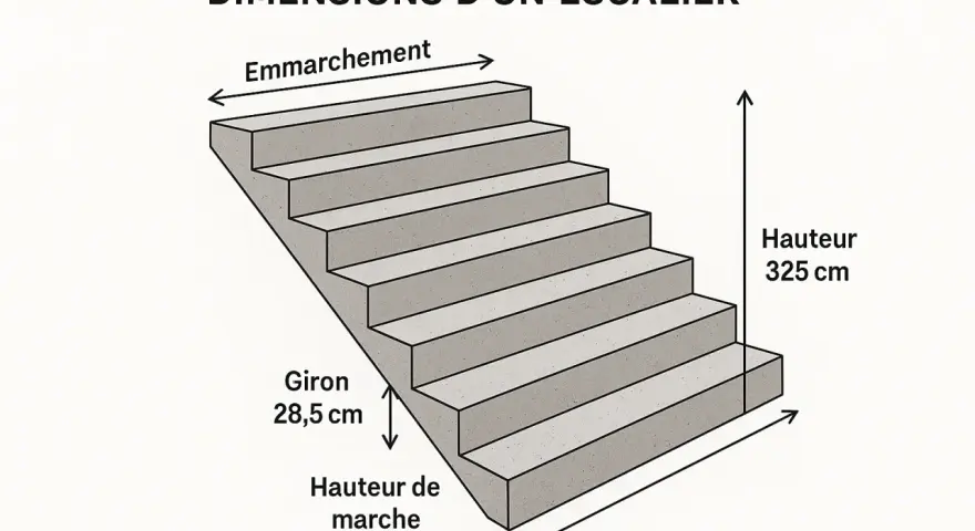 Schéma des dimensions d'un escalier extérieur. La profondeur de marche (giron) est de 28,5 cm. La hauteur totale est de 325 cm.
