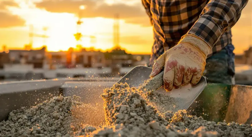 Main d'un ouvrier en plein travail, manipulant du sable et des graviers pour le dosage béton. Le soleil couchant illumine la scène.