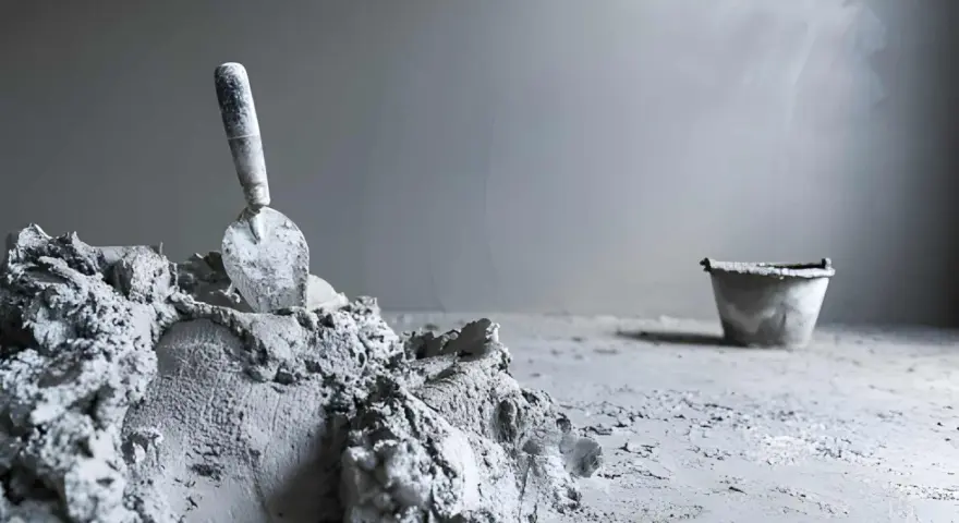 Une truelle repose sur un tas de ciment frais, prêt pour une utilisation ciment prompt sans sable. Un seau est visible au loin.