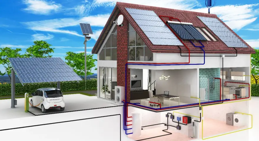 Maison passive avec panneaux solaires, borne de recharge pour voiture électrique, et système de chauffage/refroidissement intégré.