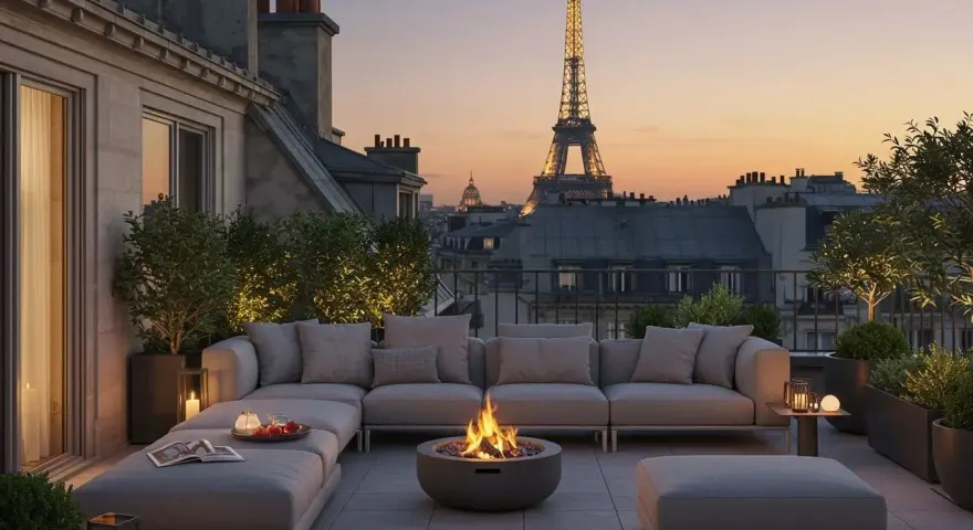 Aménagement toit terrasse parisien avec vue sur la Tour Eiffel, mobilier confortable et feu de camp.