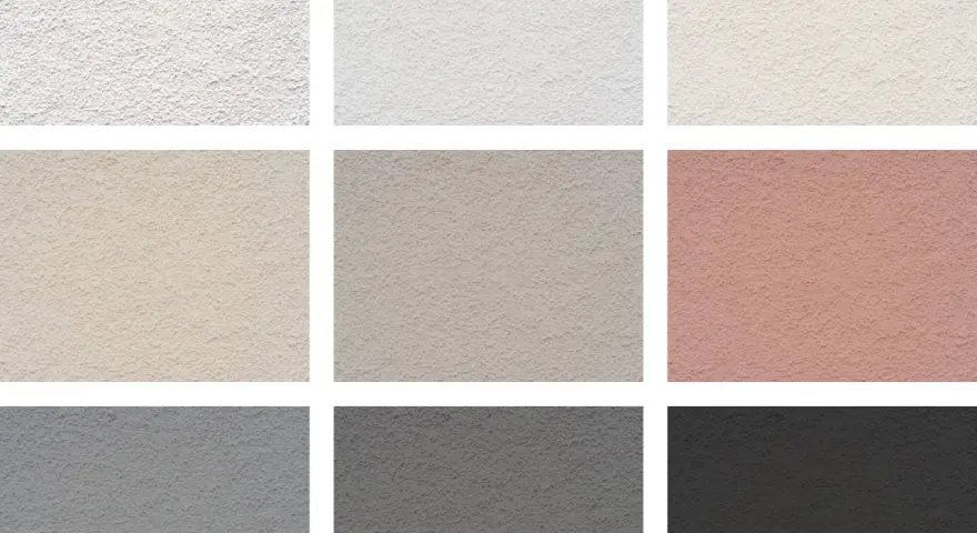 Échantillons de textures de crépi pour une façade maison : blanc, beige, gris, rose.