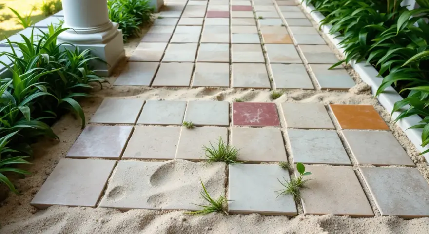 Chemin de dalles carrées sur du sable, avec des brins d'herbe poussant entre elles. L'épaisseur du lit de sable pour dalle est visible.