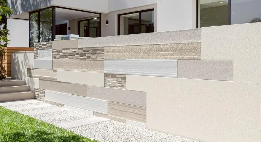 Un muret extérieur aux textures variées, allant du grain fin au bois, est prêt à enduire pour un look moderne et élégant.