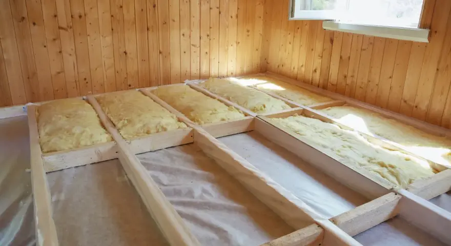 Isolation entre solives de plancher en cours. Laine de verre jaune posée dans la structure en bois.