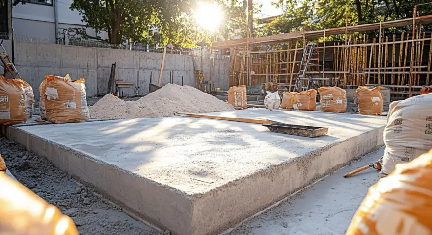 Chantier de terrasse : sacs de matériaux pour terrasse béton, sable et béton frais sous le soleil.