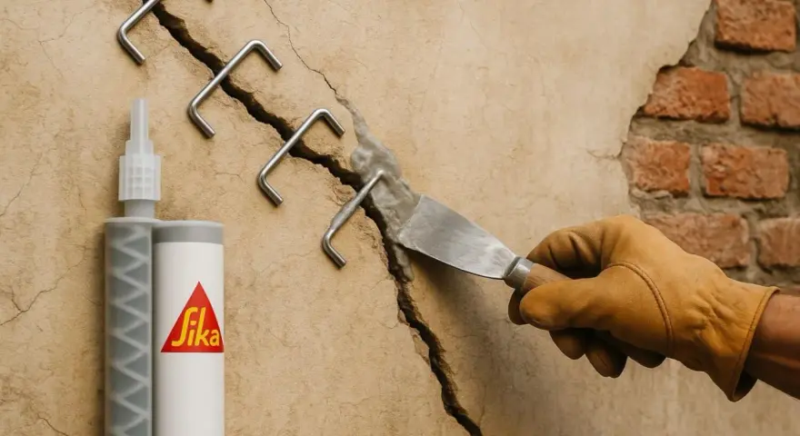Réparation d'une micro fissure sur un mur de maison avec des agrafes métalliques et un produit Sika.