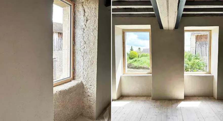 Avant/après : l'isolation chaux chanvre transforme une pièce. Les murs bruts laissent place à une finition lisse et chaleureuse.