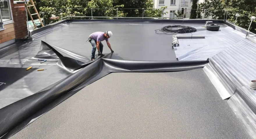 Pose d'une membrane d'étanchéité pour l'isolant toit plat. Un ouvrier déroule la bâche noire sur le toit.