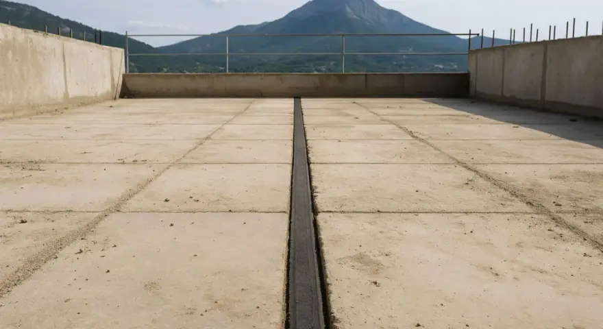 Dalle en béton avec un joint de dilatation noir au centre, offrant une étanchéité parfaite. Vue sur une montagne.