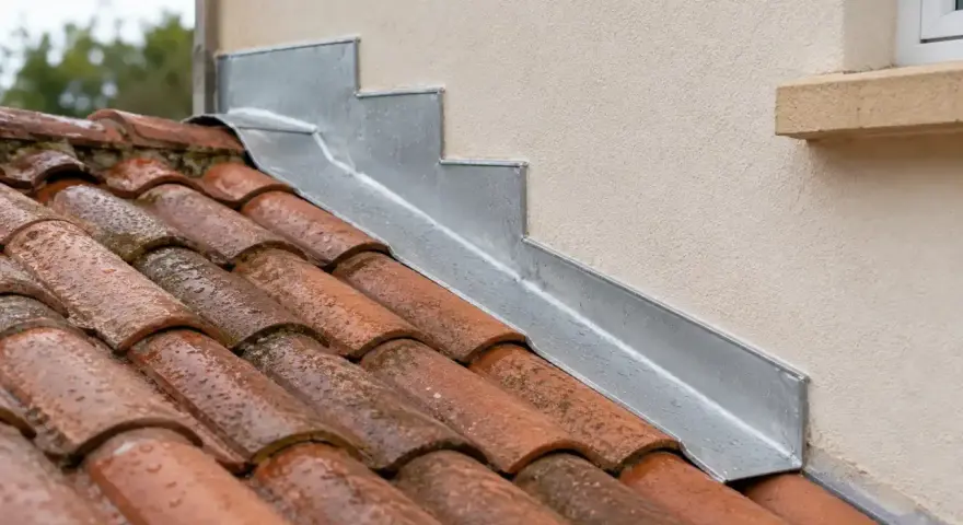 Détail d'une pose de solin en zinc contre un mur, protégeant les tuiles de la pluie.